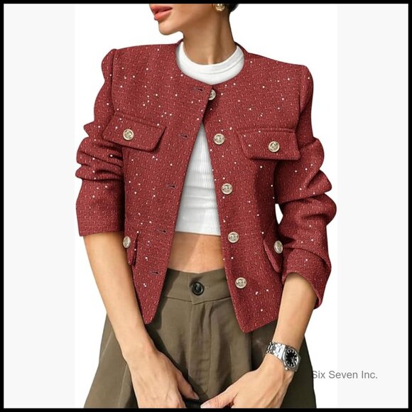 Jackets & Blazers - Tweed Blazer Cropped Collarless Button Down Long Sleeve with Pockets